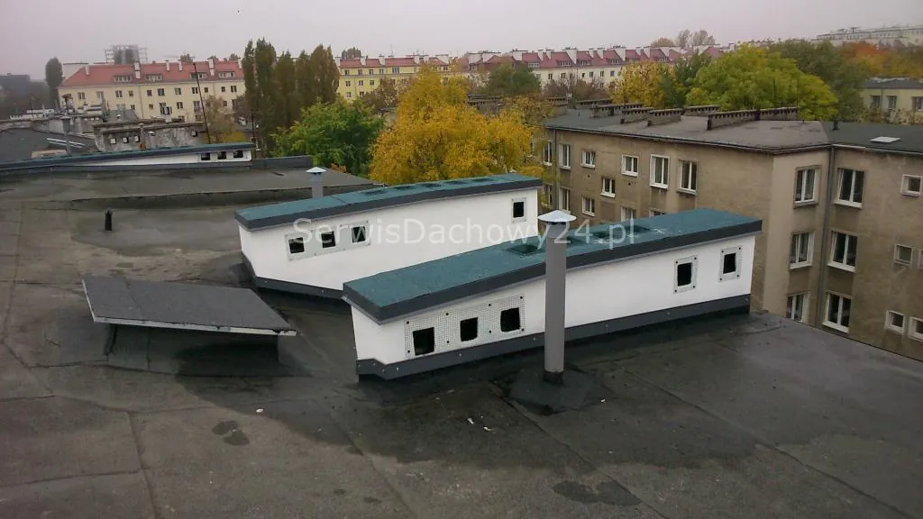 Dekarz na dachu nad zielenią Warszawy